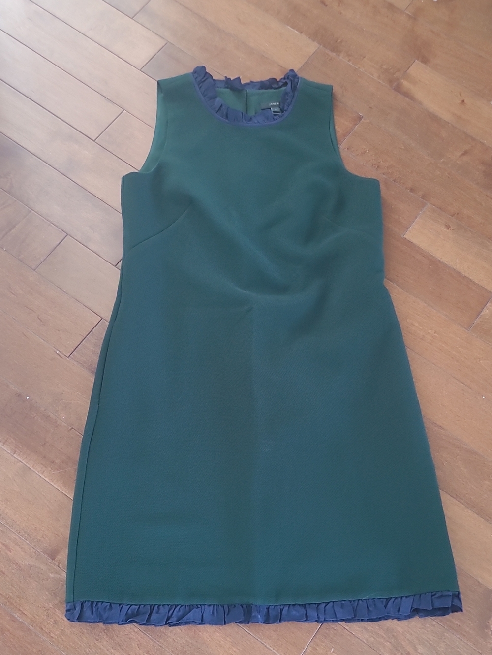 J. Crew Emerald Green Sleeveless Shift Dress with Navy Ruffle Trim